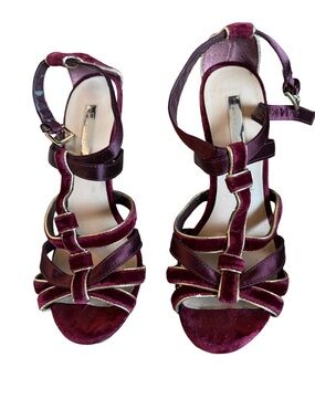 Burgundy Velvet Strappy Gold Heel Sandals